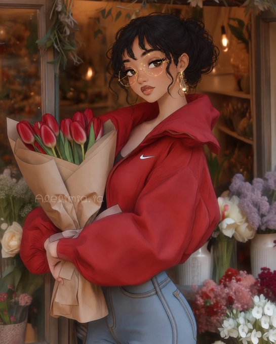 A stylized illustration of a woman with glasses, dark hair in a bun, and a red Nike hoodie, holding a bouquet of red tulips in a flower shop.