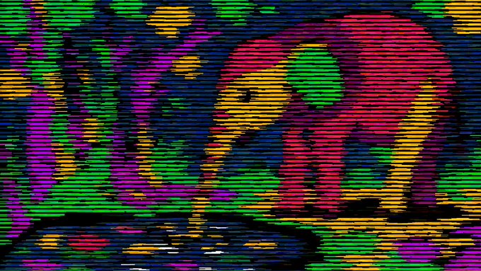 A glitchy, distorted image of a red and yellow elephant with green ears set against a psychedelic, multicolored background with static-like horizontal lines.