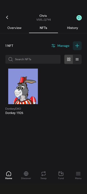 A mobile app screenshot showing an NFT collection for user 'Chris' (V5t5...Q7Y4) displaying one NFT called 'Donkey 1926' by DonkeyDAO, featuring a cartoon donkey in a red hat.