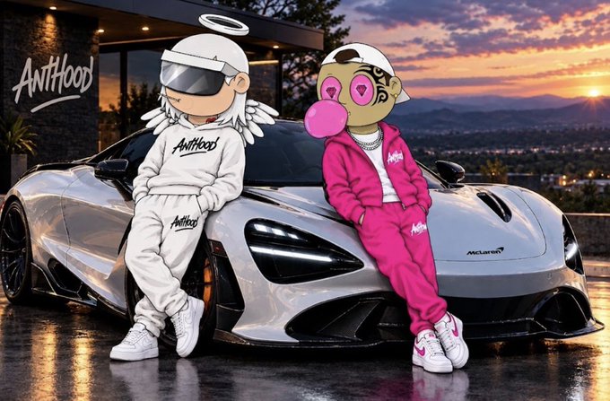 Illustration of two cartoon characters in 'AnthHood' streetwear outfits leaning against a silver McLaren sports car at sunset.