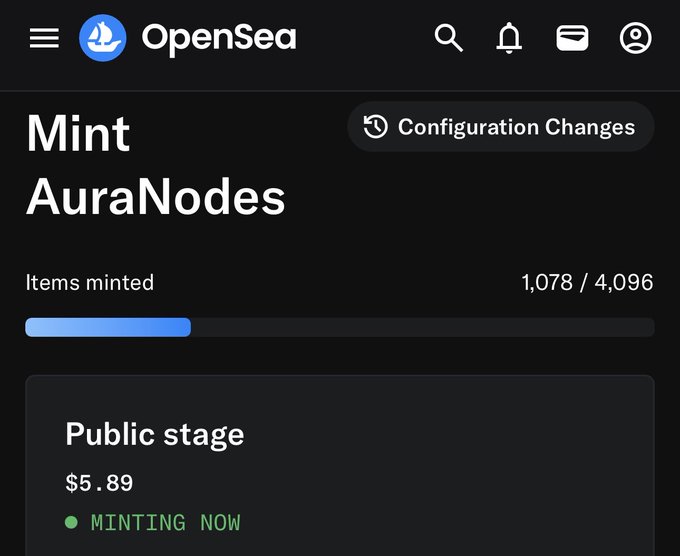 An OpenSea mobile interface showing a 'Mint AuraNodes' page with 1,078/4,096 items minted, in the Public stage at $5.89 with 'MINTING NOW' status.