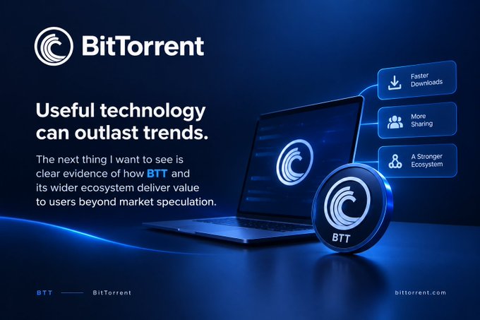 A BitTorrent promotional graphic with the tagline 'Useful technology can outlast trends' features a laptop and a BTT token coin, highlighting benefits like Faster Downloads, More Sharing, and A Stronger Ecosystem.