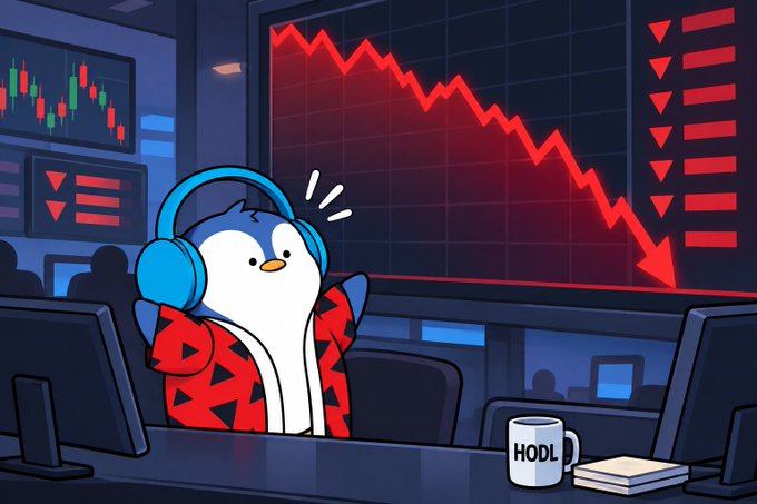 A cartoon penguin wearing blue headphones and a red jacket reacts to a sharply declining red stock chart, with a 'HODL' mug on the desk.