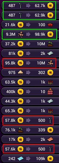 A list of inventory/cost entries showing various items with quantities and numbers, with several rows highlighted in green and red boxes.