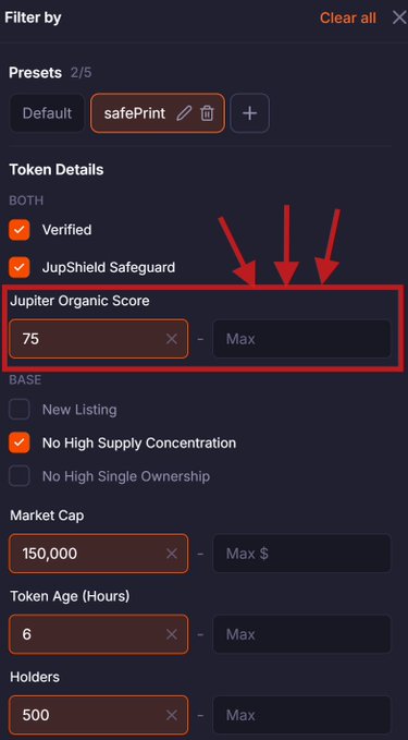 A dark-themed filter menu for tokens showing a "Jupiter Organic Score" preset with a minimum value of 75, highlighted by red arrows and box.