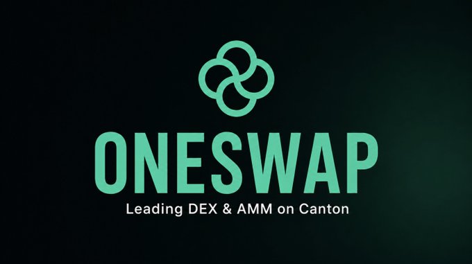A dark green logo screen for 'ONESWAP' with the tagline 'Leading DEX & AMM on Canton' beneath an interlocking rings symbol.