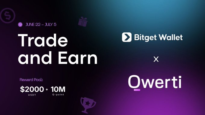 The image features a poster or banner promoting a new partnership between Bitget Wallet and Qwerti AI. The text on the poster highlights that the Qwerti ecosystem keeps growing, and this new collaboration is another big step forward for both parties. It also mentions that users can earn rewards by participating in the campaign. The poster includes various elements such as logos, icons, and text to convey the message effectively.