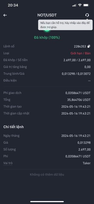 A smartphone screenshot of a cryptocurrency trading app showing a filled NOT/USDT sell order for 2,697 units at 0.013298, totaling 35.864706 USDT.