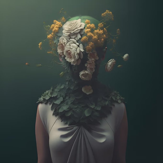 A surreal, dark digital illustration of a woman in a white draped top, where her head is obscured and replaced by a mass of white and pink roses, green leaves, and sprigs of small yellow flowers against a deep green background.
