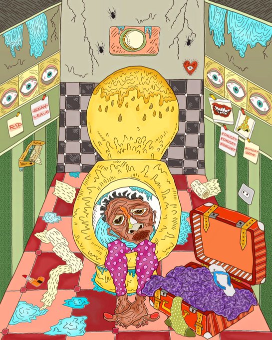 A colorful, surreal illustration depicting a figure emerging from a toilet surrounded by melting yellow substance, in a chaotic bathroom setting with eyes watching from the walls.