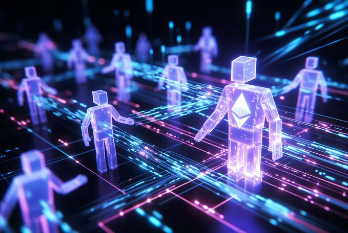 A stylized digital illustration showing translucent holographic human figures connected by glowing neon data streams on a futuristic grid, with the central figure displaying the Ethereum diamond logo on its chest.