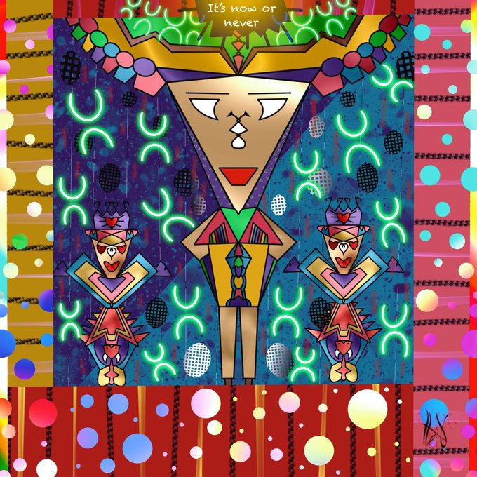 A colorful, abstract digital artwork featuring geometric figures with faces, a speech bubble reading 'It's now or never', and a patterned background with neon shapes.