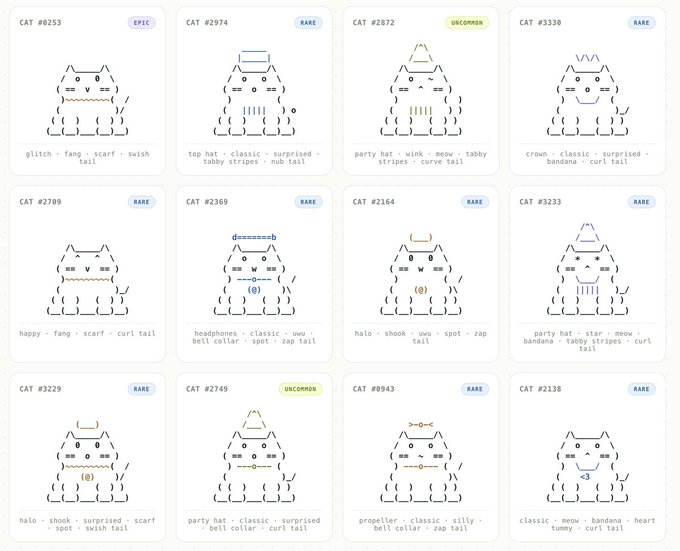 The image displays a gallery of 12 unique ASCII cat NFTs from the @ASCIIcats_ collection on Robinhood Chain, each labeled with a CAT number (e.g., #0253, #2974, #0872) and rarity tier (EPIC, RARE, UNCOMMON), along with attribute traits like "glitch," "fang," "top hat," and "crown." The cats are illustrated entirely with ASCII text, showcasing the on-chain art style of this 3,333-piece collection offering 9 lives per cat with one mint per wallet.