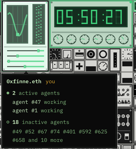 A digital dashboard with green and black retro-style displays shows the time '05:50:27' and lists agent activity for '0xfinne.eth' with 2 active and 18 inactive agents.