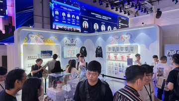 A crowded Pop Mart retail booth or convention display features shelves of figurines (including Labubu-style characters) and large screens showing product information.
