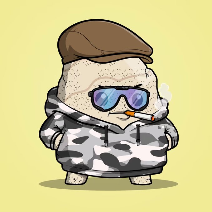 A cartoon character resembling a rock with a brown flat cap, blue sunglasses, a cigarette in its mouth, and a camouflage hoodie standing against a yellow background.