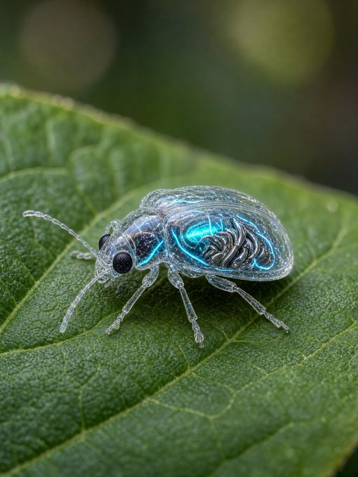A close-up of a translucent beetle with glowing cyan blue markings on its shell resting on a green leaf.