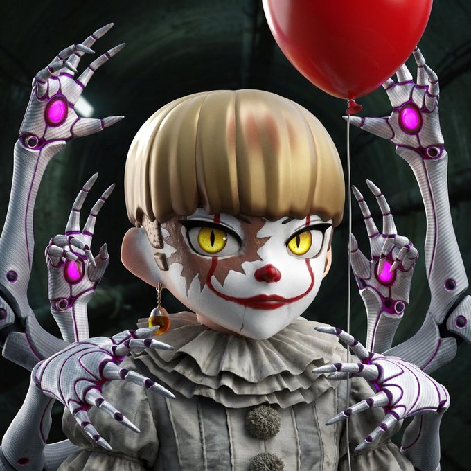 A 3D rendering of a creepy clown-like doll with blonde hair, yellow eyes, and a red nose is surrounded by robotic hands holding a red balloon.