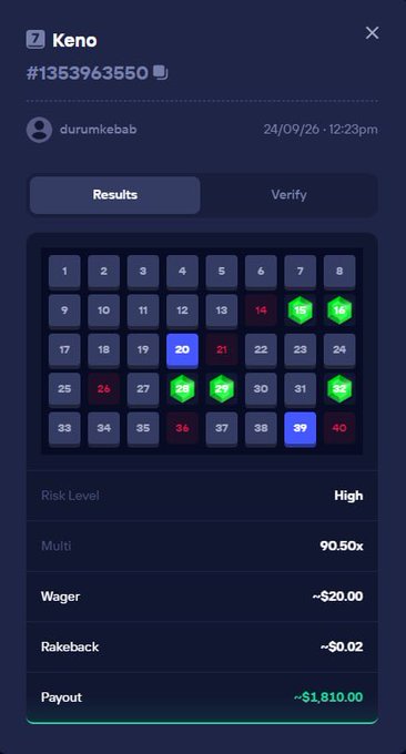 A mobile screenshot displays a Keno gambling game results page for user "durumkebab" (ID #1353963550) dated 24/09/26 at 12:23pm, showing a high-risk wager of $20.00 that resulted in a $1,810.00 payout with selected numbers including 19, 25, 28, 33, 36, 39, and 40 highlighted. The caption aligns with the post requesting a Solana (SOL) wallet address to receive the gambling winnings.