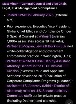 The image shows a professional biography slide for Matt Miner, who joined KPMG in February 2025 as an external hire for General Counsel and VP of Legal, Risk Management & Compliance. His prior experience includes roles as Walmart's Executive Vice President and Global Chief Ethics & Compliance Officer, a partner at Morgan, Lewis & Bockius LLP, and Assistant U.S. Attorney.

The slide relates to the post by introducing Matt Miner as the KPMG official overseeing Tether's recent audit, which the post questions given KPMG's prior role auditing Silicon Valley Bank before its collapse—suggesting scrutiny of Miner's background and credibility is warranted given these concerns.