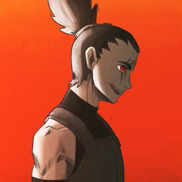 A cartoon-style illustration of a character with spiky white hair and red eyes in profile against a red background.