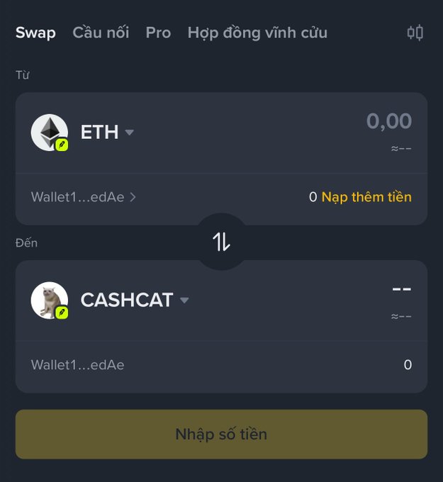 A cryptocurrency swap interface in Vietnamese, set to swap from ETH to CASHCAT, with the wallet balance showing 0.