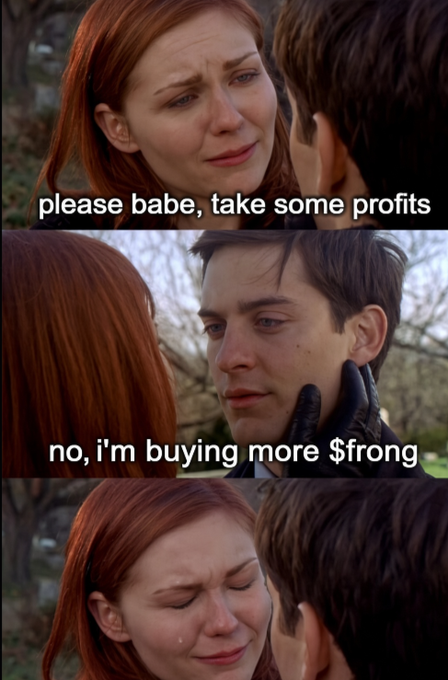 A three-panel Spider-Man meme using scenes of Mary Jane and Peter Parker with overlaid text reading 'please babe, take some profits', 'no, i'm buying more $rong', and her crying in the final frame.