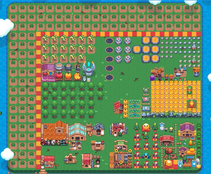 A colorful top-down pixel art farming village scene with crops, trees, buildings, and various characters arranged on a green island.