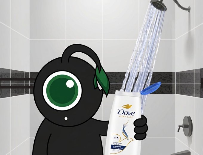A black cartoon character with a large green eye holds a Dove 'ULTRA CARE' shampoo bottle under running water from a showerhead.