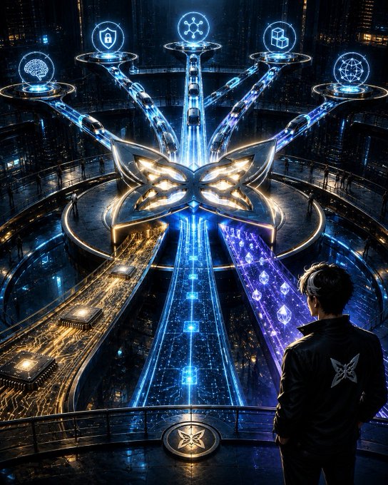 A figure gazes at a futuristic quantum network hub glowing with interconnected pathways and icons representing brain, security, blockchain, and energy nodes. The sci-fi imagery of branching quantum infrastructure visually reinforces the post's claim about $QUIP building the foundational tech before industry leaders like Nadella, Pichai, Krishna, and Huang bring quantum computing mainstream.