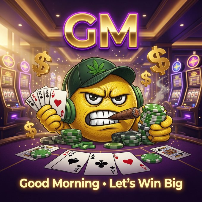 A cartoon citrus character wearing a cannabis-leaf cap holds playing cards and chips with the text "GM Good Morning • Let's Win Big".