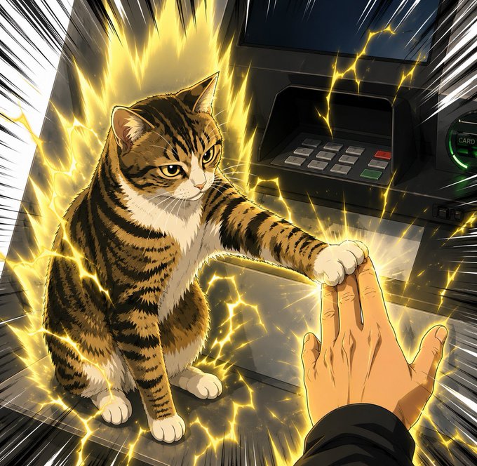 An anime-style illustration depicts a tabby cat surrounded by yellow lightning energy touching paws with a human hand at an ATM.