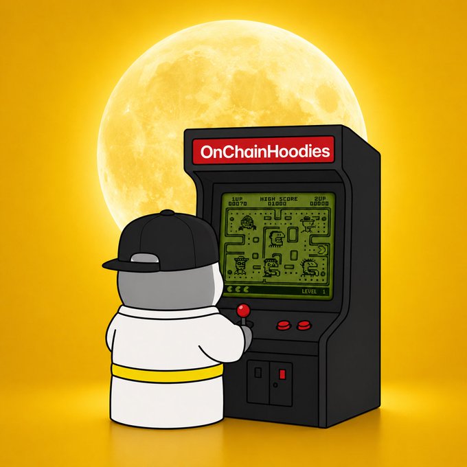 Stylized illustration of a gray cartoon character wearing a black cap and white hoodie playing an arcade cabinet labeled 'OnChainHoodies' against a yellow background featuring a large moon.