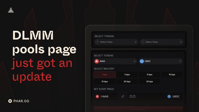 A promotional graphic for phar.gg announcing that the DLMM pools page just got an update, displaying a token selection interface with AWAX and USDC options and bin step choices.