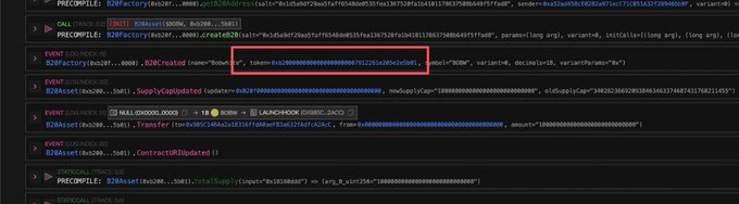 The image shows a blockchain transaction trace on E2B, highlighting an "E2BCreated" event with a "BOND" of 1000000000000000000 (10^18) units tied to the contract address "0x19d5a029aae95af94540b853f9acbb7121d3a1b0" (shown in the red box). This on-chain evidence of a massive token creation aligns with the post's reference to a trending meme coin launch, identifying the quoted poster as potentially the deployer or insider behind the viral Alpha.