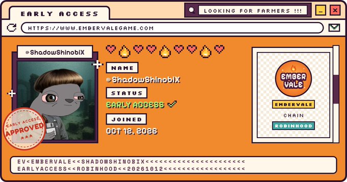 A digital 'Early Access' certificate for the game Ember Vale, issued to the username 'ShadowShinobiX' under the 'ROBINHOOD' chain, marked as 'EARLY ACCESS APPROVED' with a join date of OCT 12, 2028.