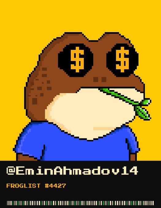 A pixel art illustration of a frog in a blue shirt wearing a brown mask with dollar signs for eyes, with the text '@EminAhmadov14' and 'FROGLIST #4427'.