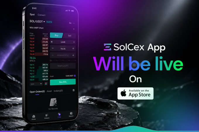 The SolCex App will be live on the Apple App Store, featuring a cryptocurrency trading interface with SOL/USDT displayed. The image visually announces the upcoming launch of the SolCex App, directly referencing the "Available on the App Store" badge.