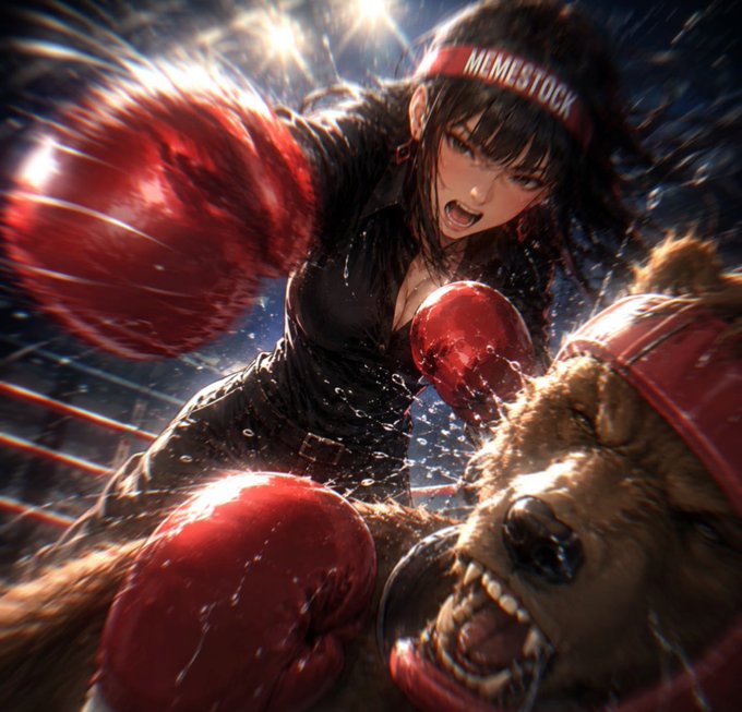 A dynamic anime-style image shows a female boxer wearing red gloves and a 'MEMESTOCK' headband throwing a powerful punch at a bear wearing boxing gloves, set against a stadium background.