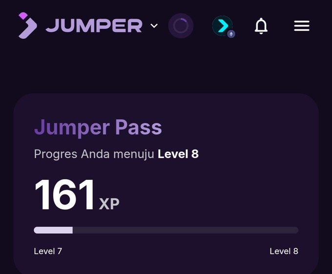 A dark-themed “JUMPER” app screen shows “Jumper Pass,” the Indonesian text “Progres Anda menuju Level 8,” “161 XP,” and a progress bar labeled from “Level 7” to “Level 8.”