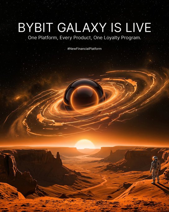A futuristic space-themed promotional graphic featuring an orange-glowing ringed planet hovering over a desert canyon landscape with an astronaut, announcing "BYBIT GALAXY IS LIVE" with the tagline "One Platform, Every Product, One Loyalty Program." and hashtag #NewFinancialPlatform, visually representing Bybit's new loyalty rewards program described in the accompanying contest post.