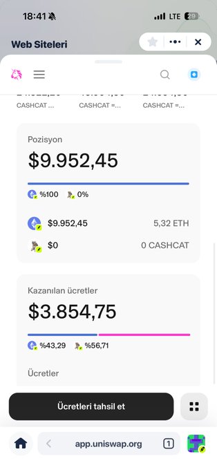 A screenshot of the Uniswap app showing a portfolio position of $9,952.45 with 5.32 ETH and $3,854.75 in earnings (up 43.29% on the ETH position and 56.71% on another asset), corresponding to the poster's claim of 40% profit after a 3-day trading adventure.
