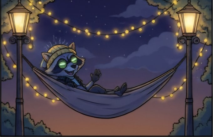 A cartoon illustration of a raccoon wearing a beanie and jacket relaxing in a hammock strung between two lamp posts decorated with string lights at night.
