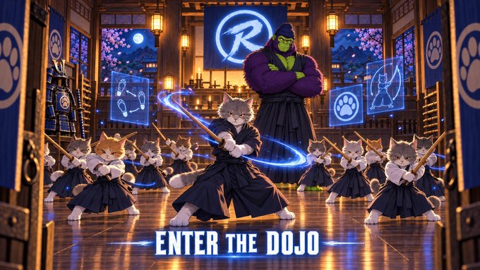 A stylized illustration titled 'ENTER THE DOJO' depicting anthropomorphic cats in black robes wielding wooden staffs, with a larger purple-clad green cat figure standing in a Japanese-style dojo setting.