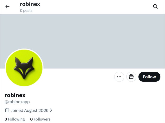 The image shows a social media profile page for "robinex" (@robinexapp) featuring a yellow-green circular avatar with a black fox logo, displaying 0 posts, 3 following, and 0 followers, with a "Joined August 2026" date and a black "Follow" button. The profile appears to be newly created, aligning with the post's "early alpha" message encouraging users to follow and turn on notifications for potential airdrop opportunities.
