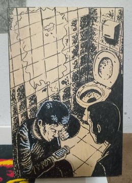 A black and white artistic poster or artwork showing two figures bent over in a tiled room with a toilet in the background.