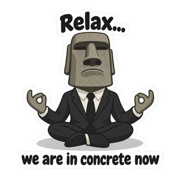 A relaxed Moai figure in a business suit meditates with the caption "Relax... we are in concrete now." The sticker playfully ties into the @ConcreteXYZ promotional post, riffing on the project's name while highlighting its growing ecosystem (TVL over $1.25B) and automated, risk-managed vaults.