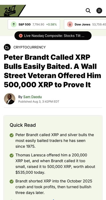A screenshot of a 24/7 Wall St article titled "Peter Brandt Called XRP Bulls Easily Baited. A Wall Street Veteran Offered Him 500,000 XRP to Prove It" by Sam Daodu.