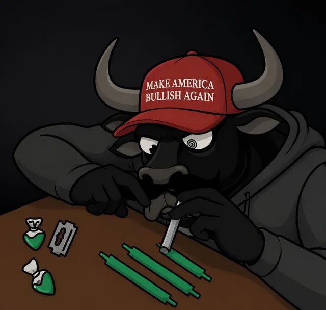 A digital illustration features a black bull wearing a red cap reading "MAKE AMERICA BULLISH AGAIN," meticulously rolling a green candle of a candlestick chart with money and a razor blade nearby.