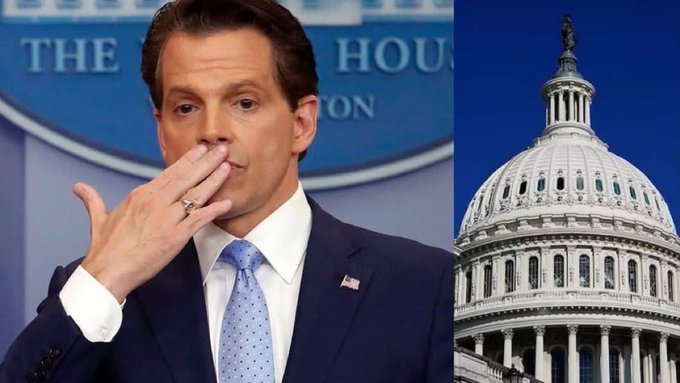A split image showing Anthony Scaramucci covering his mouth on the left with a White House press briefing seal in the background, and the U.S. Capitol building on the right.